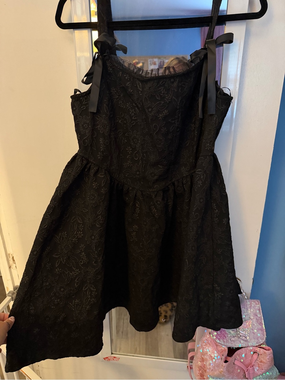 Trixxi Black Floral Jacquard Ribbon-Tie Mini Dress - Picture 2 of 5